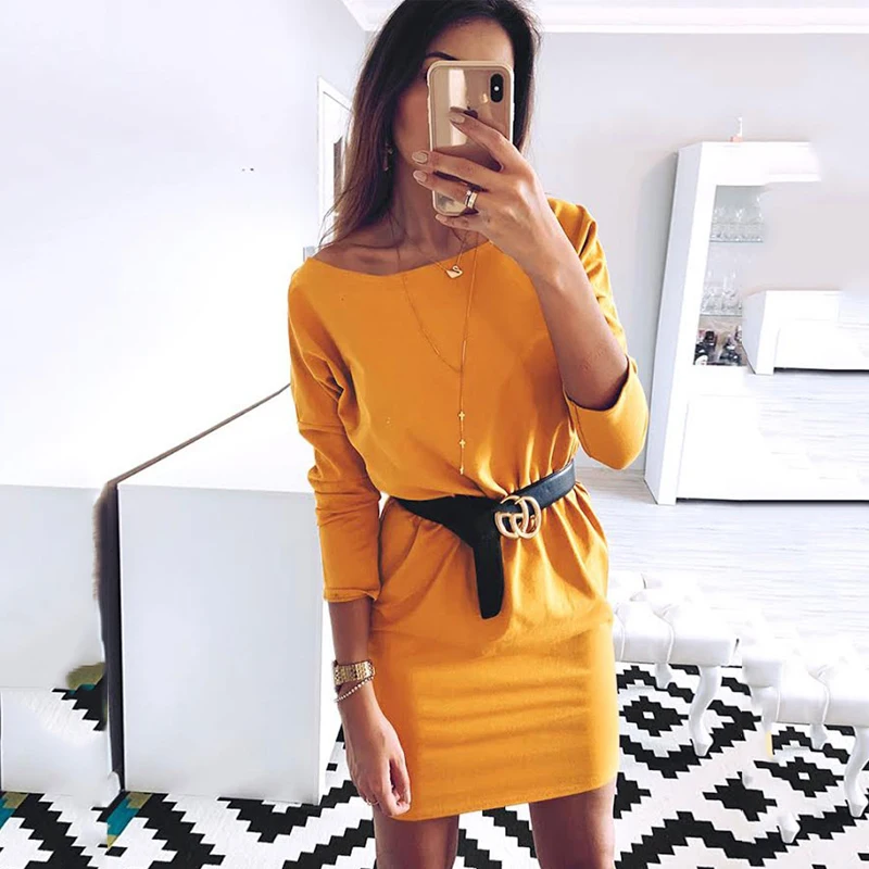 

2019 Summer Fashion Women's Solid Color Dress Sexy Off-Shoulder Dresses Causal Tunic Nine-point sleeve Vestidos