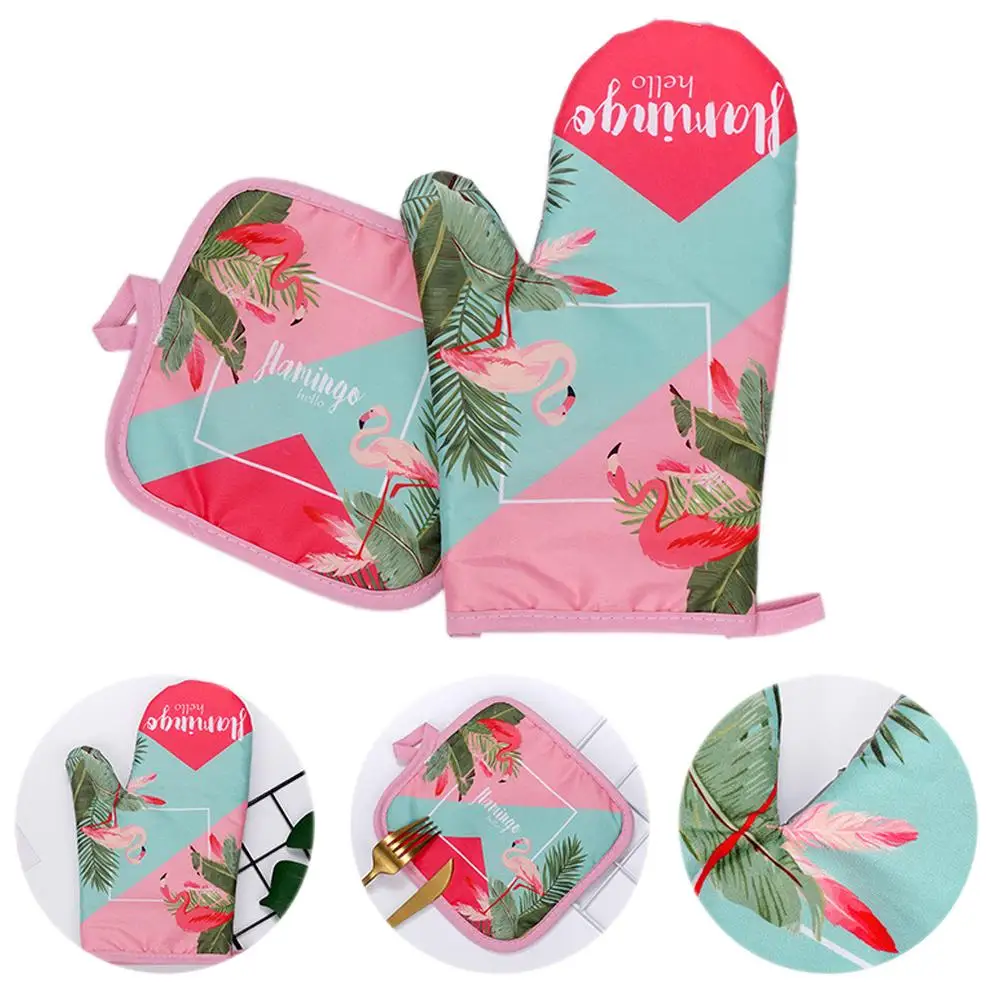 2pcs Flamingo Pattern Microwave Gloves Cotton And Linen Padded High Temperature Resistant Oven Gloves For Kitchen Cooking Tool