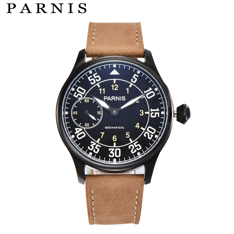 Mechanical Hand Wind Watches Men 44mm Parnis Hand Winding Watches Black