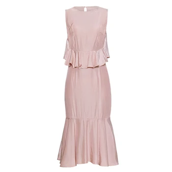 

Hot Sale Women Solid Ruffles Dress Elegant O-Neck Sleeveless Pleated Dresses G7830