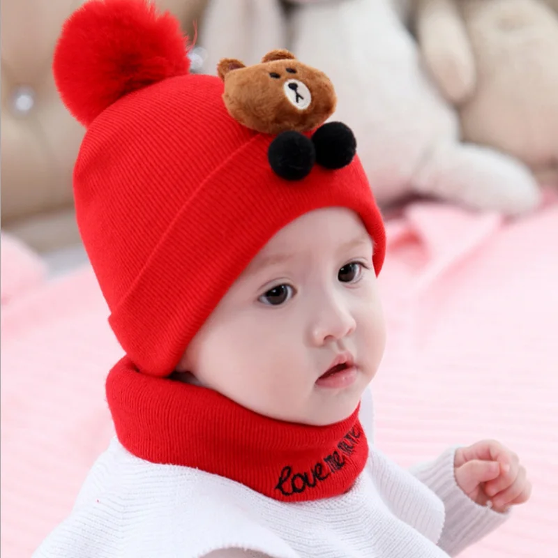Шапка с помпонами для маленьких мальчиков и девочек, детская зимняя вязаная шапка для девочек, толстая детская шапочка, комплект теплой шапки и шарфа для малышей 0-20 месяцев - Цвет: Red