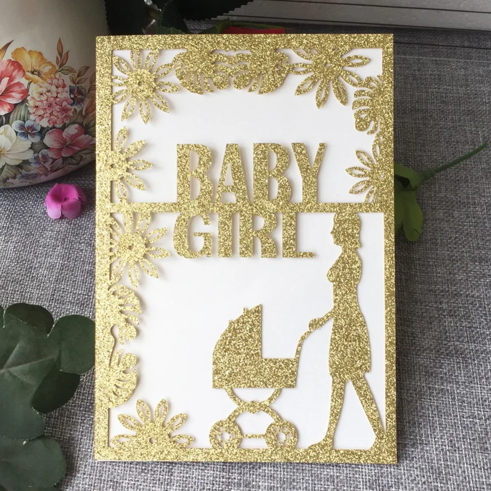 Роскошные блестящие золотые приглашения в виде коляски открытка для будущей