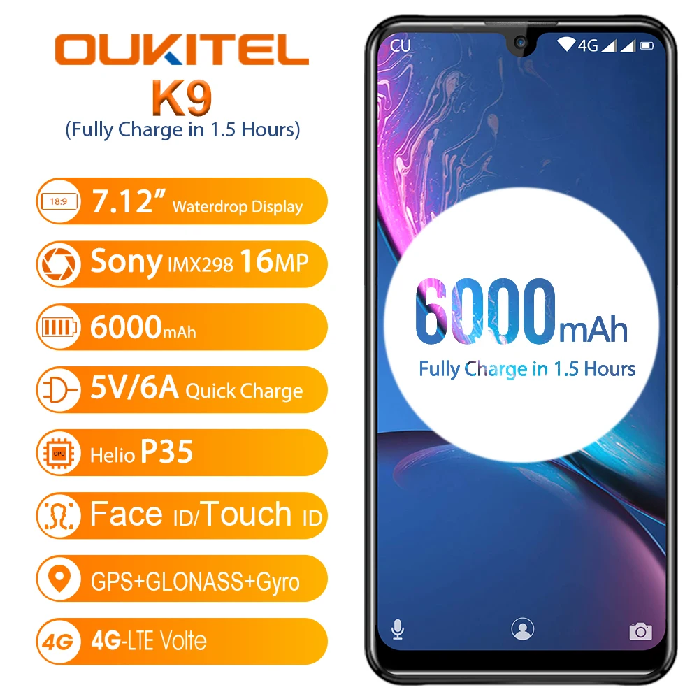 Oukitel K9, 4 ГБ, 64 ГБ, мобильный телефон, 7,12 дюймов, FHD+, большой экран, 16 МП, 8 Мп, камера Face ID, 6000 мАч, 5 В, 6A, быстрая зарядка, OTG Смартфон