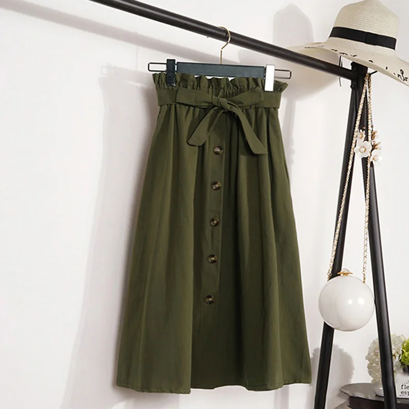 Элегантная Милая однобортная юбка на шнуровке, осенняя Новая женская плиссированная Однотонная юбка до колена с высокой талией, 6 цветов - Цвет: army green