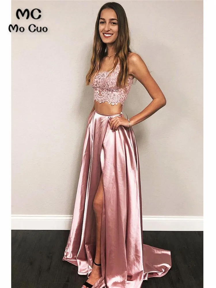 long formal dresses Dusty Pink Two Pieces Gown Evening Party Dresses with Lace Vestidos de fiesta Front Slit Satin Prom Gown Evening Dresses red evening dress Evening Dresses