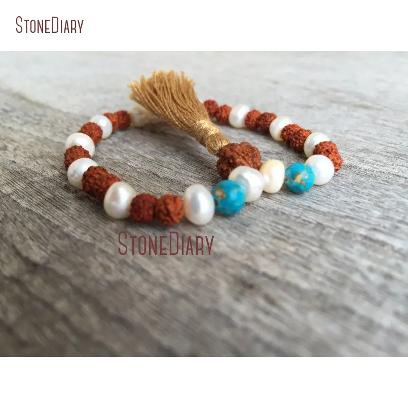 20180312-BM11047-Freshwater Pearl & Rudraksha 36 Bead Third Mala Bracelet mosaic turquoise natural japa mantra meditation prayer beads_2