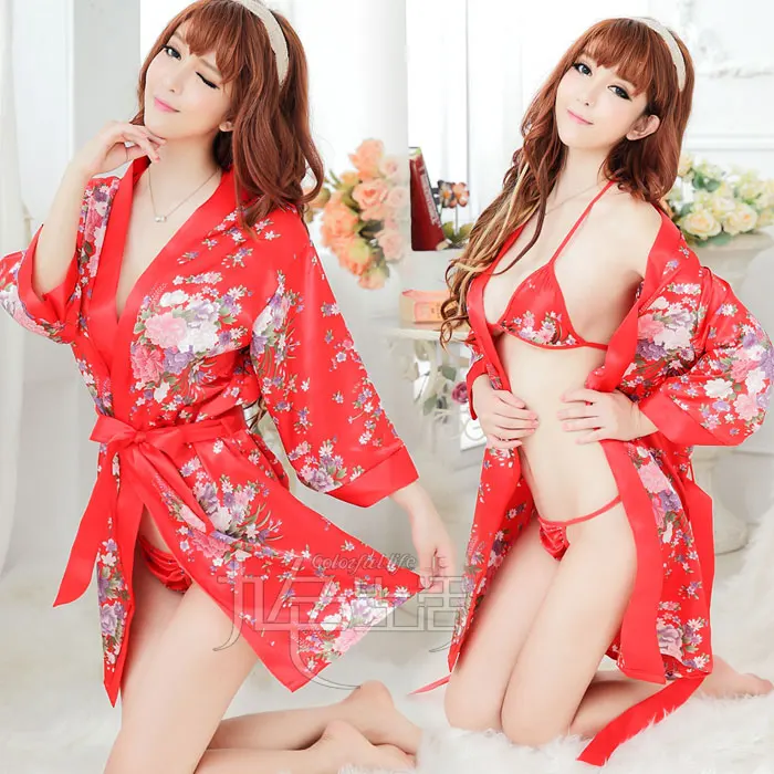 

Japanese sexy costumes print kimono sexy lingerie open front uniform cherry blossoms sexy nightgown robe