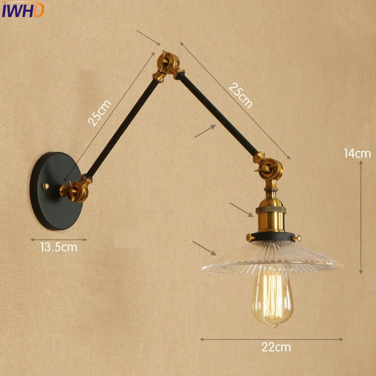 Iwhd Стекло античная латунь бра огни Спальня лестницы Винтаж Лофт Промышленные Регулируемый качели длинные руки настенные светильники