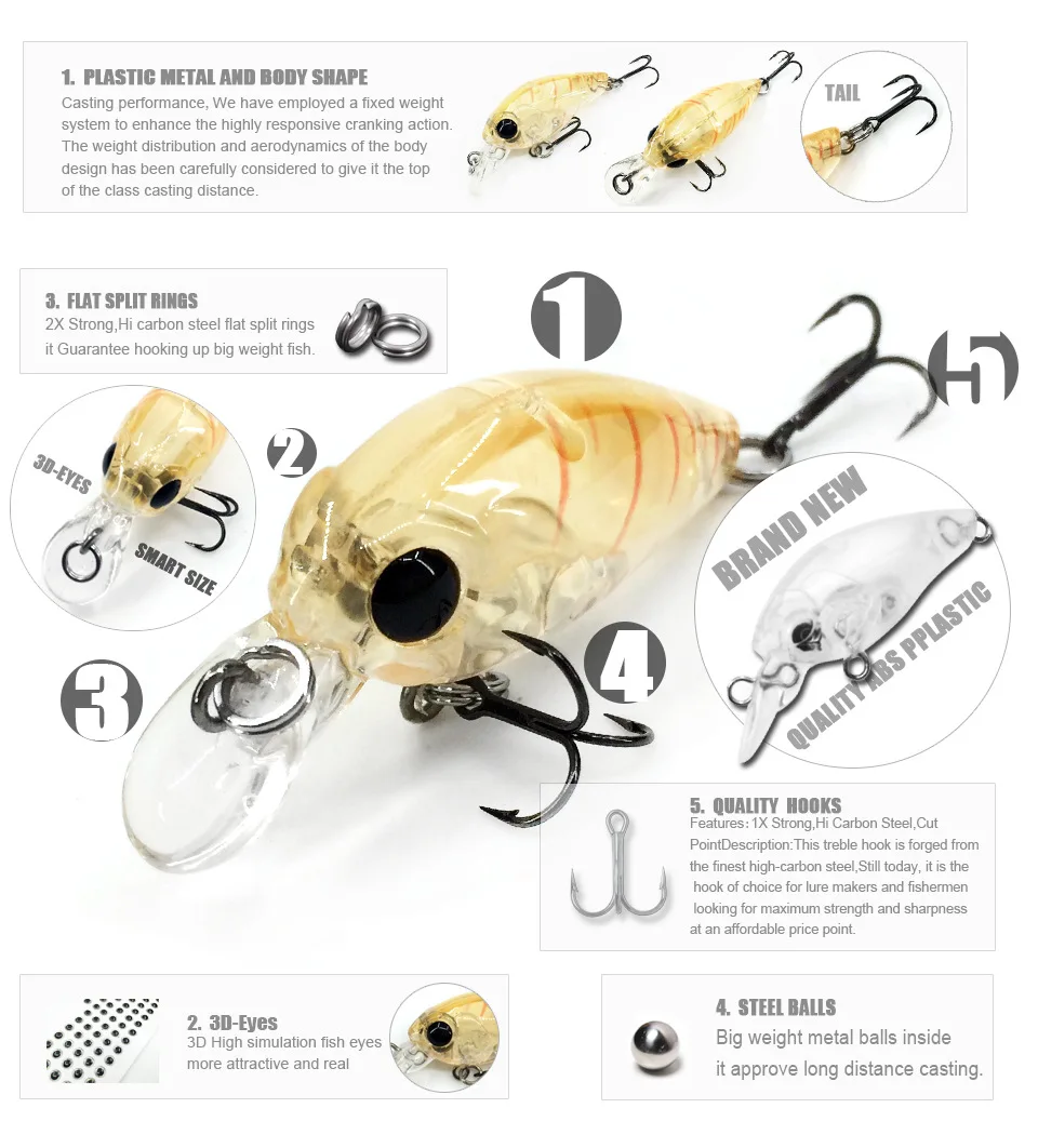 Retail 2015  Hot model: A+ fishing lures, 8colors for choose mini crank  35mm 3.5g bearking suspending dive 1m minnow hard bait