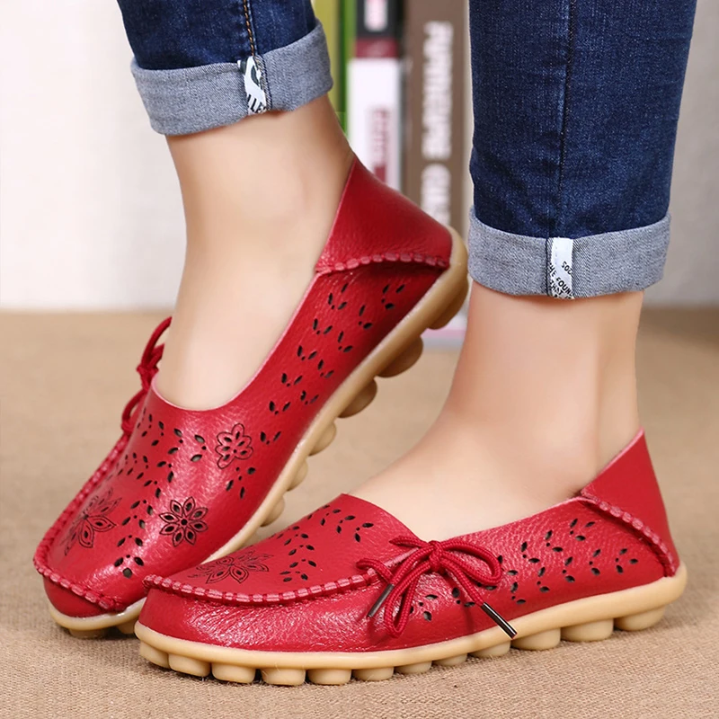 Big size 34-44 spring women flats shoes women genuine leather flats ladies shoes female cutout slip on ballet flat loafers - Цвет: Red