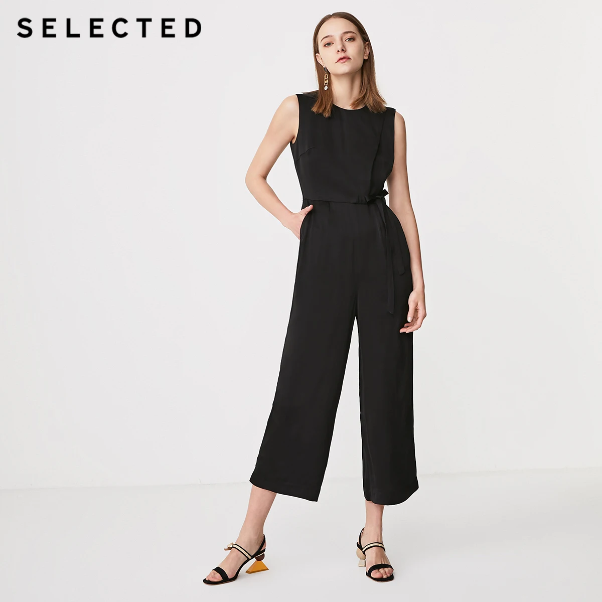 black sleeveless wide leg jumpsuit