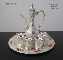 8 Pçs/set liga de metal de prata conjunto vinho branco cozinha bar de jantar 6 copos de vinho 1 luar jar 1 bandeja em relevo esculpido 319A