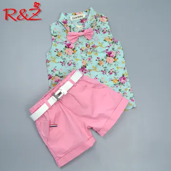 

R&Z Children's Set 2019 Summer New Boy Gentleman Set Children's Print Sleeveless Shirt Pink Shorts Belt Three-piece