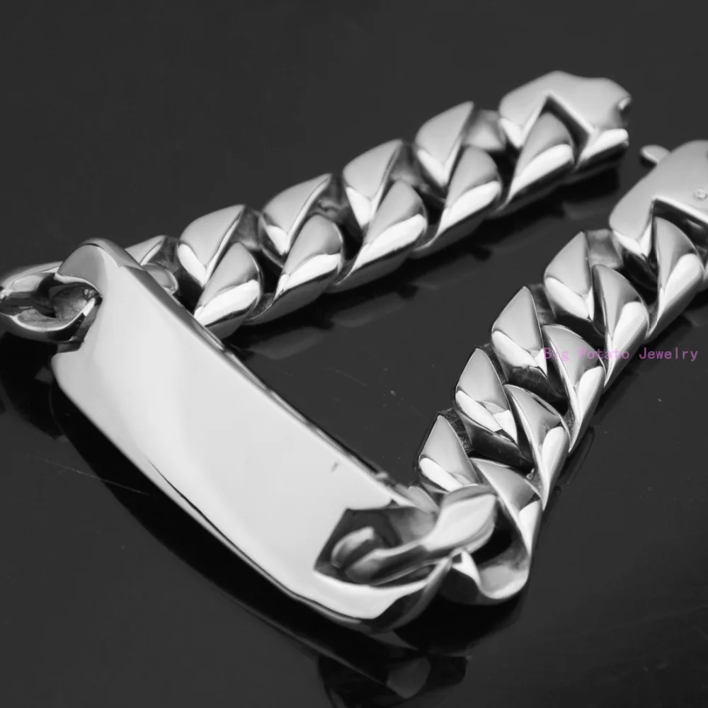 

High Polishing Silver Tone Cuban Curb Casting Link Chain With ID Bracelet Stainless Steel For Loveliness Mens Jewelry 16mm*22cm