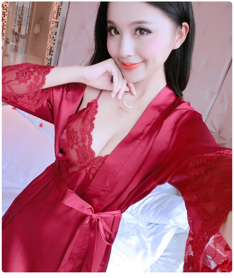 Сексуальная Ночная сорочка ночная рубашка Для женщин спальный шелковое белье набор с глубоким v-образным вырезом пижамы летние большие размеры банный халат S M L XL XXL