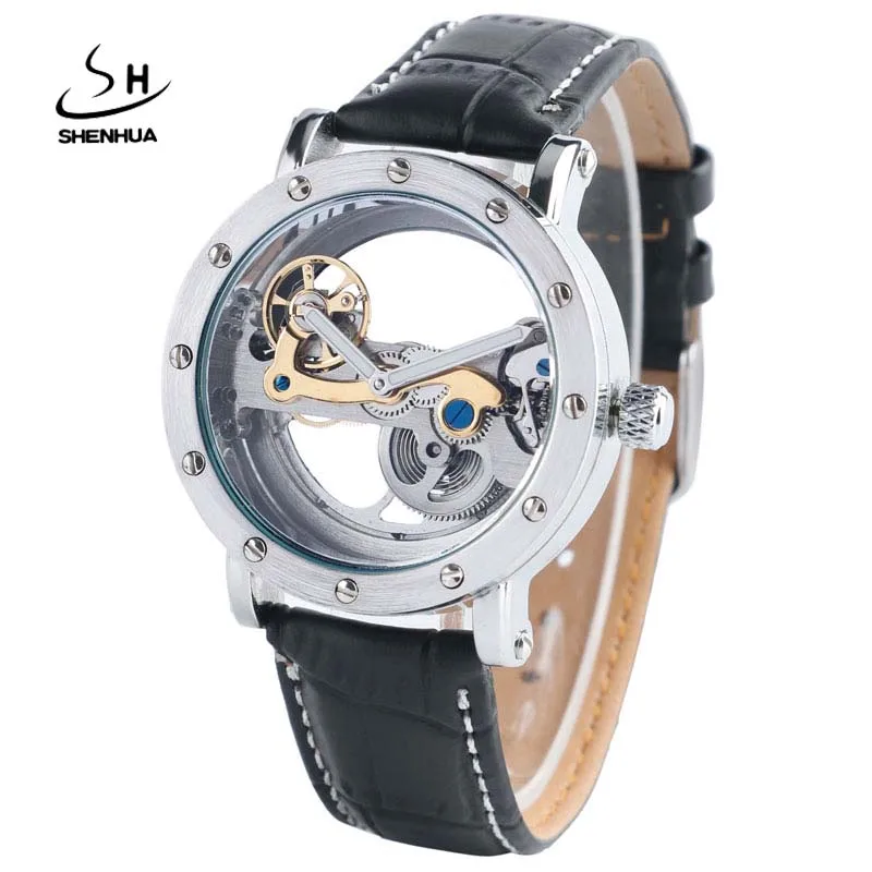 

SHENHUA Transparent Wristwatch Men Automatic Self-wind Mechanical Watch Genuine Leather Watch Band Simple Business Clock Hours