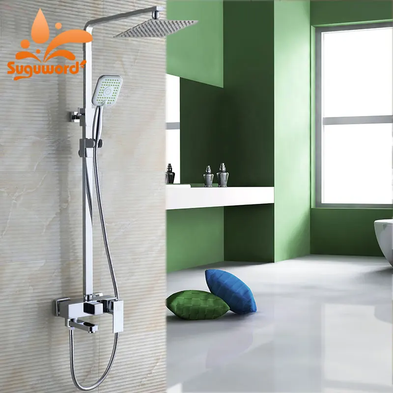

Suguword Chrome Polish Shower Combo Set Hot and Cold Switch Shower System Mixer Taps Green Face hand Shower 8'' Shower Head