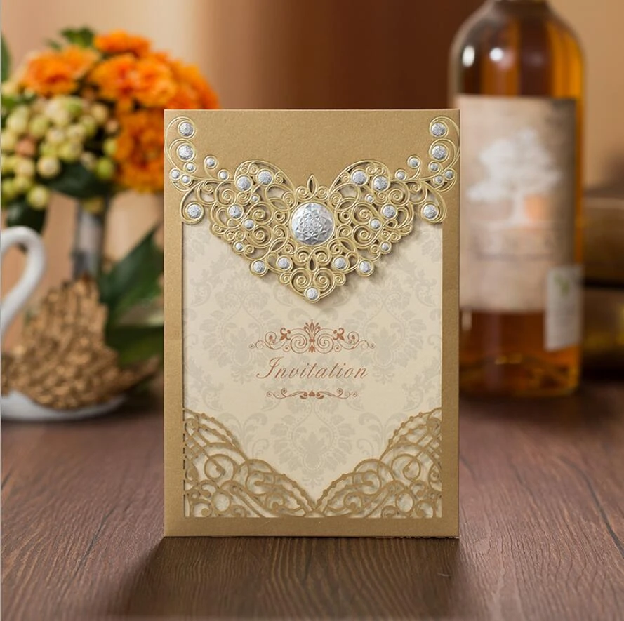 US $12.12 12% OFF120pcs/lot Gold Laser Cut Wedding Invitations Cardstock  with Silver Flowers Pocket Cards For Marriage Birthday Party