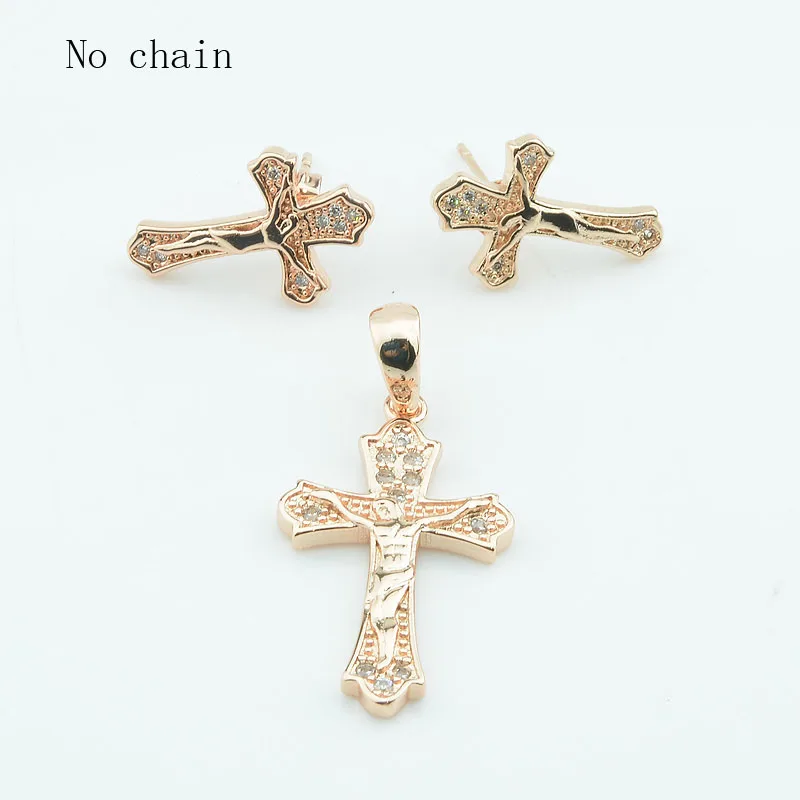 FJ женский 585 розовый крестик позолоченный кристалл серьги-гвоздики церковный крестик Подвесной Ювелирный Набор+ опционально ожерелье - Окраска металла: No chain