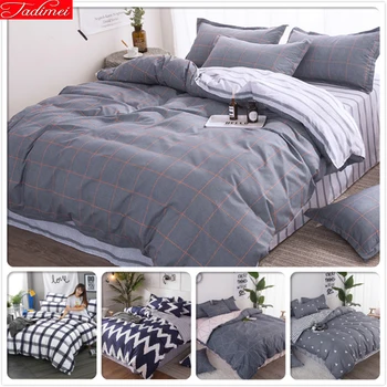 

Solid Pure Color Plaid Grey 3/4 pcs Bedding Set Kids Child Soft Cotton Bed Linen Single Full Double Queen King Size Duvet Cover