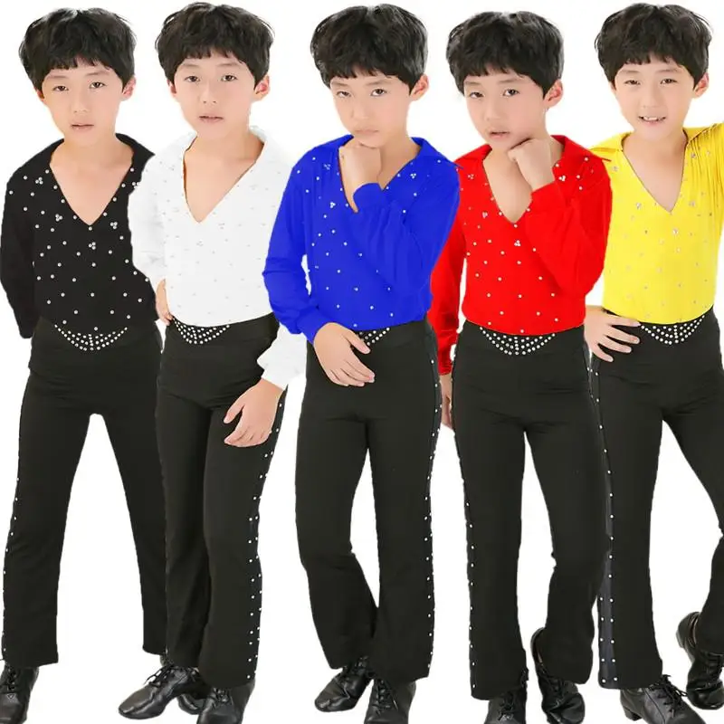

8sets/lot Children's Latin Dance Suit Long Sleeves Deep V Shirt Pants Boys Rumba Tango Cha-cha Dancing Apparel tls401