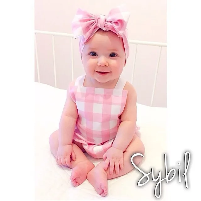 Cute Checked Baby Girl Sleeveless Suspenders Romper with headband 2 Sets 6 24 Monthsbaby girl