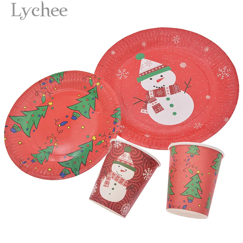 

Lychee 10pcs Snowman Christmas Tree Tableware Sets Disposable Paper Cup Plate Dinnerwares Christmas Party Supplies
