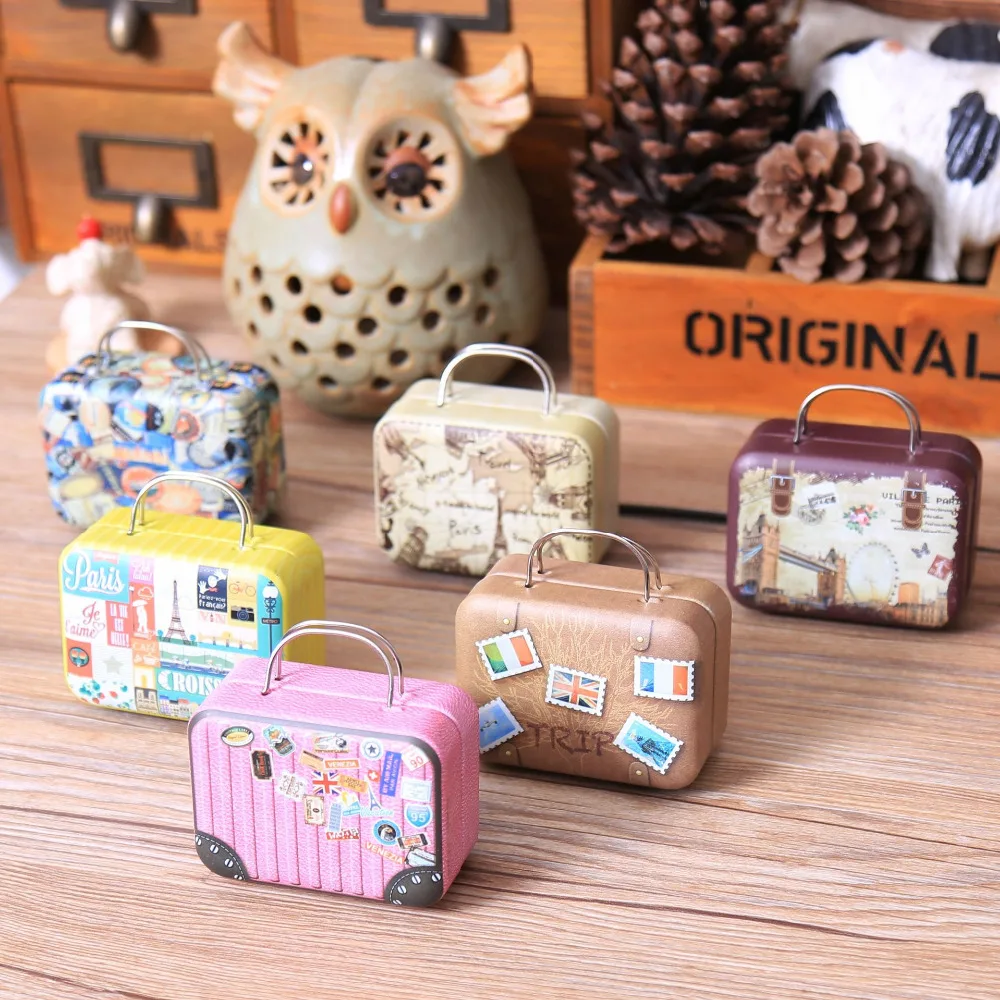 

120 pcs Continental Mini Tin Box Retro Suitcase Handbag Small Rectangular Candy Box Small Tin Container