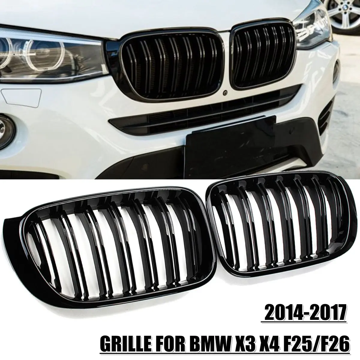 

2Pcs M Style Car Front Grille Grill Mesh Net Trim Strip Cover Gloss Black For BMW X3 X4 F25/F26 2014 2015 2016 2017