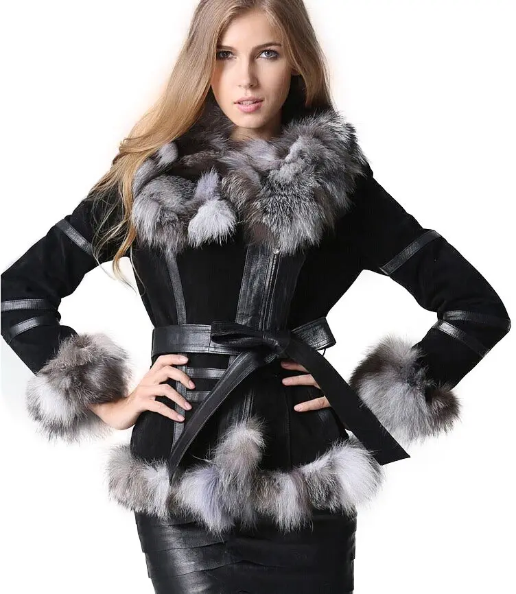 Winter Women's Real Fur Coats Moto & Biker Genuine Leather Coat Fox Fur Collar Plus Size Natural Fur Jackets Women Clothes 2018