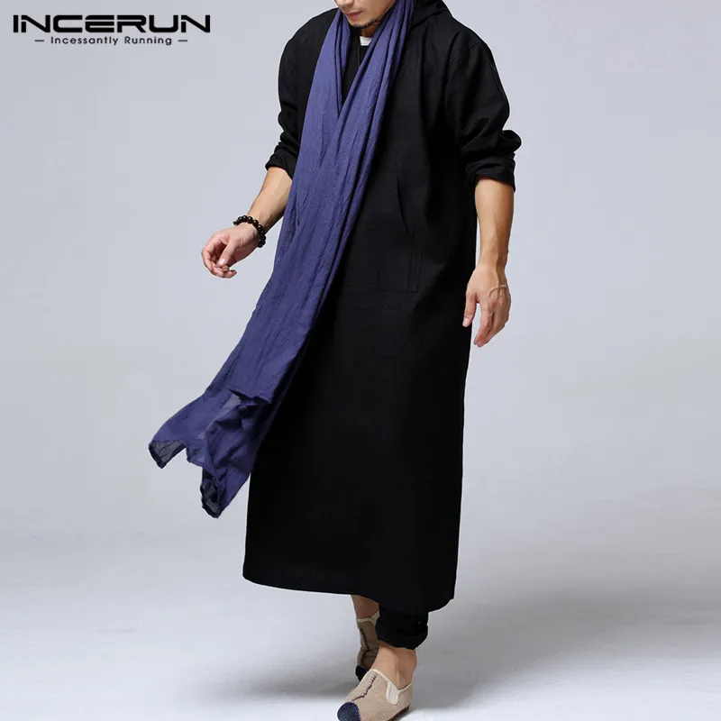 Alion Mens Long Sleeve Dress Kaftan Ethnic Robes Vintage Loose Solid Kaftan Dress