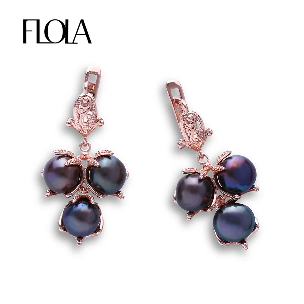 

FLOLA Natural Black Pearl Earrings for Women Rose Gold Color Pearl Flower Dangle Drop Earrings Girl Party Fashion Jewelry ersk01