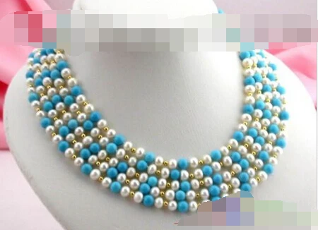 

846 5ROW ROUND WHITE PEARL NATURE TURQUOISE BEAD NECKLACE