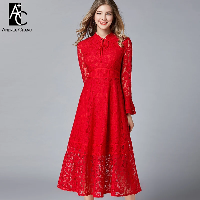 

PLUS SIZE woman dress summer spring high quality floral pattern red lace dress flare sleeve stand collar calf length 5XL dress