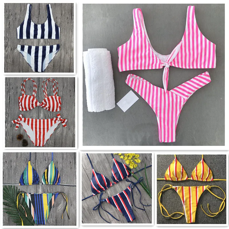 

Thong Bikinis Sexy Padded Swimwear Biquinis Brazilian Swimsuit 2018 Push Up Bikini Striped Printed Bathing Suit trajes de bano