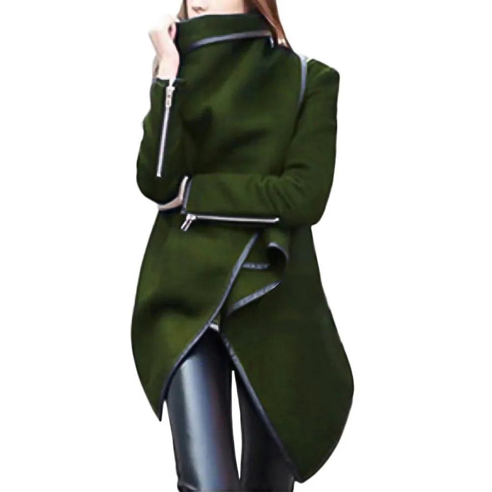 

Autumn and winter women Coat irregular bow Collar sleeve pure color long cuff zipper warm coat parka windbreaker jacket 4.2