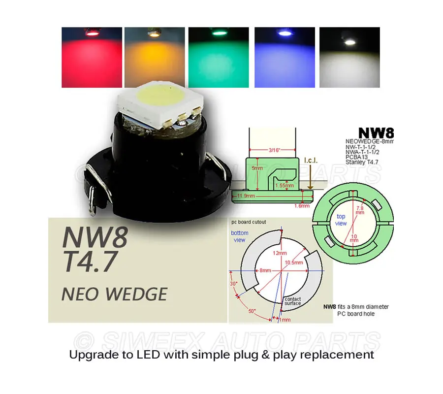 10 шт./лот T4.7 NW8 светодиодный светильник приборная панель лампа DC 12 В Neo Клин Белый/синий/голубой/красный/желтый/зеленый
