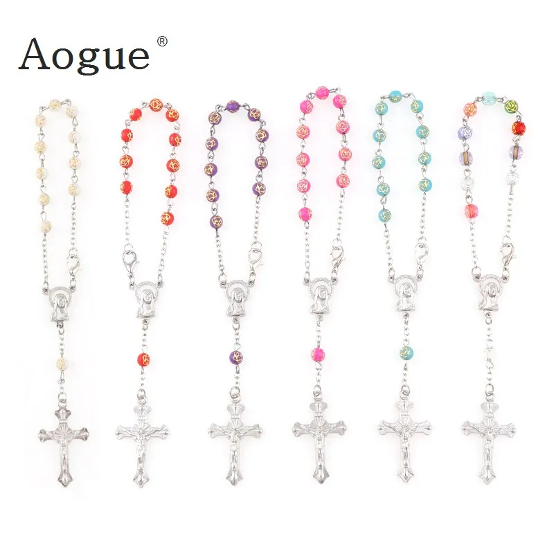 

5mm Plastic Gold Rose Beads Rosary Bracelet With Silver Lobster Made Metal Maria Center & Jesus Crucifix Cross Pendants