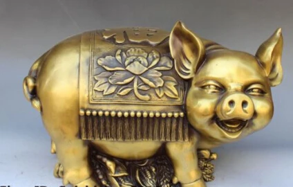 

RHS0220 14" Chinese Bronze Carving Animal Zodiac Year Pig Wealth Money Saving Box Statue