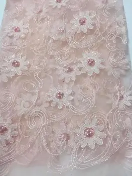 

African Beads Lace Fabric 2019 Peach Embroidered Nigerian Laces Fabrics High Quality French Tulle Lace Fabric Women Dress .