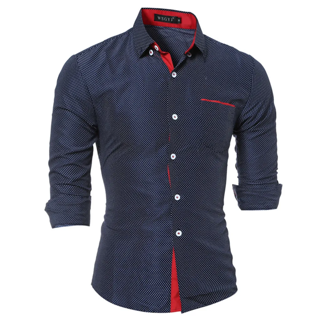 Мужская одежда, рубашки с длинным рукавом, модная блузка, топы, camisa masculina, мужские рубашки, облегающие, в горошек, d90622