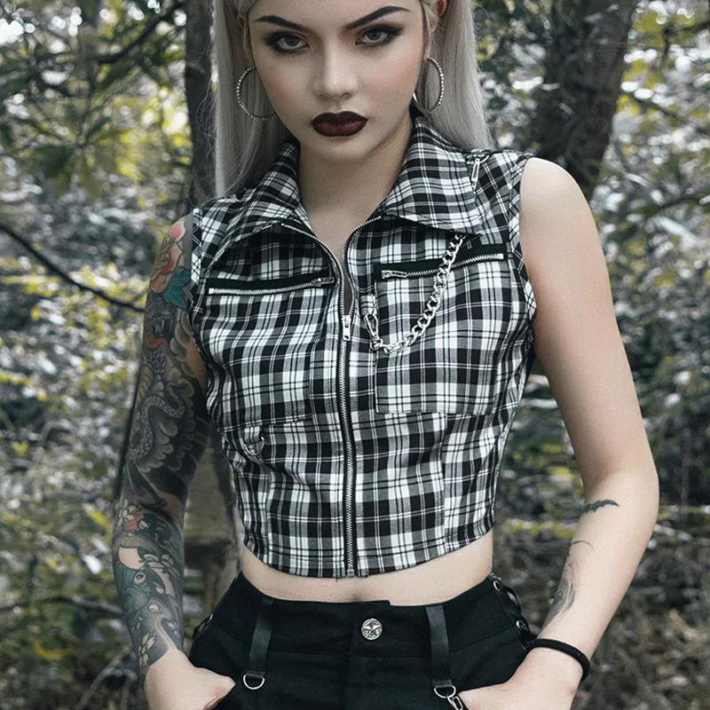 

Summer New Arrival Gothic punk women Black and white grid Chain zipper crop tank tops fashion slim chic sexy club short tank top