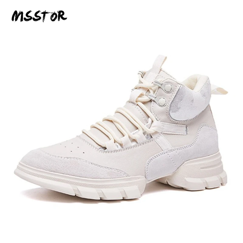 

MSSTOR Round Toe Lace Up Ankle Boots Genuine Leather Autumn Spring Fashion Casual Boots Women 2018 Rubber Wedge Platform Boots
