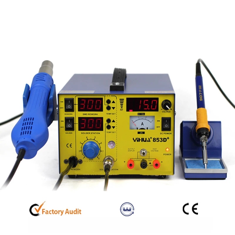 

YIHUA 853D+ 3A 3 In 1 Hot Air Solder Rework Station Heat Gun + Soldering Iron + 15V 1 A Regulated Power Supply