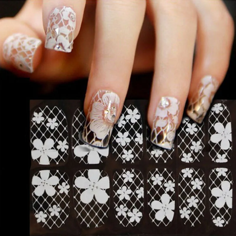 Nail Art Lace Stickers Decals 3D French Style White Lace Bow Nail Art