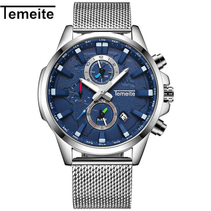 

TEMEITE Casual Fashion Quartz Watch Men Chronograph 3 Sub-dials 6 Hands Date Top Brand Luxury Sports Mesh Strap Wrist Watches