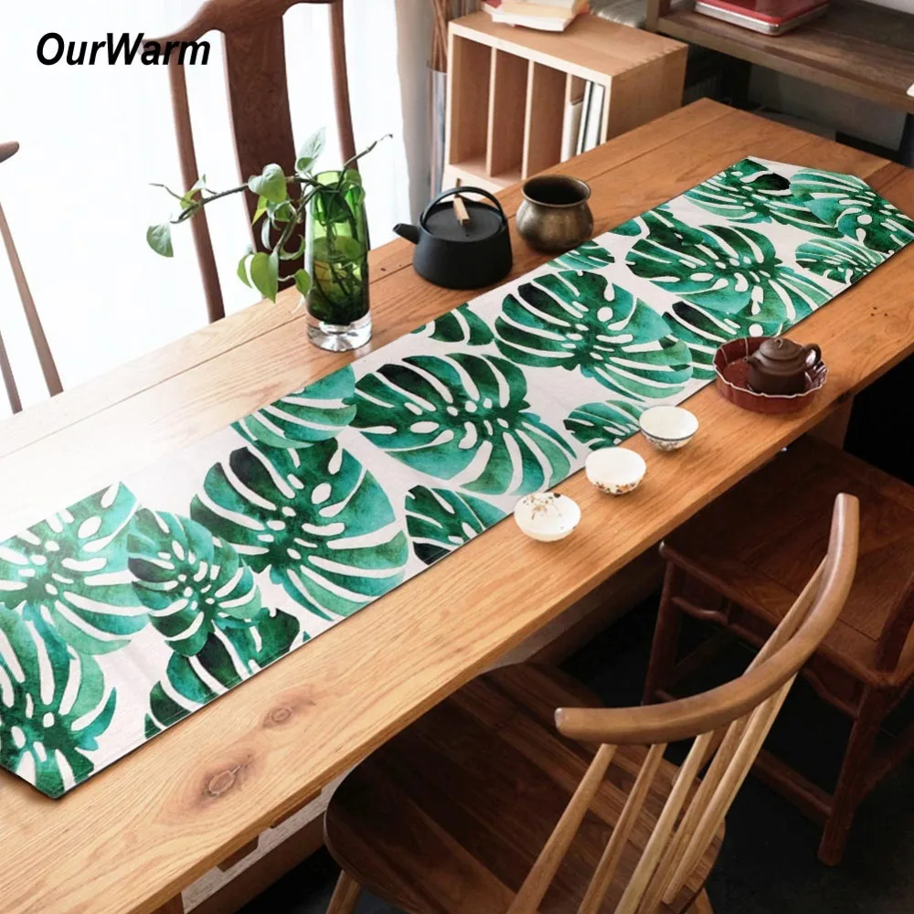 

OurWarm Hawaiian Green Leaf Table Runner Home Textile Palm/Banana Leaves Table Runners Tropical Party Decoration