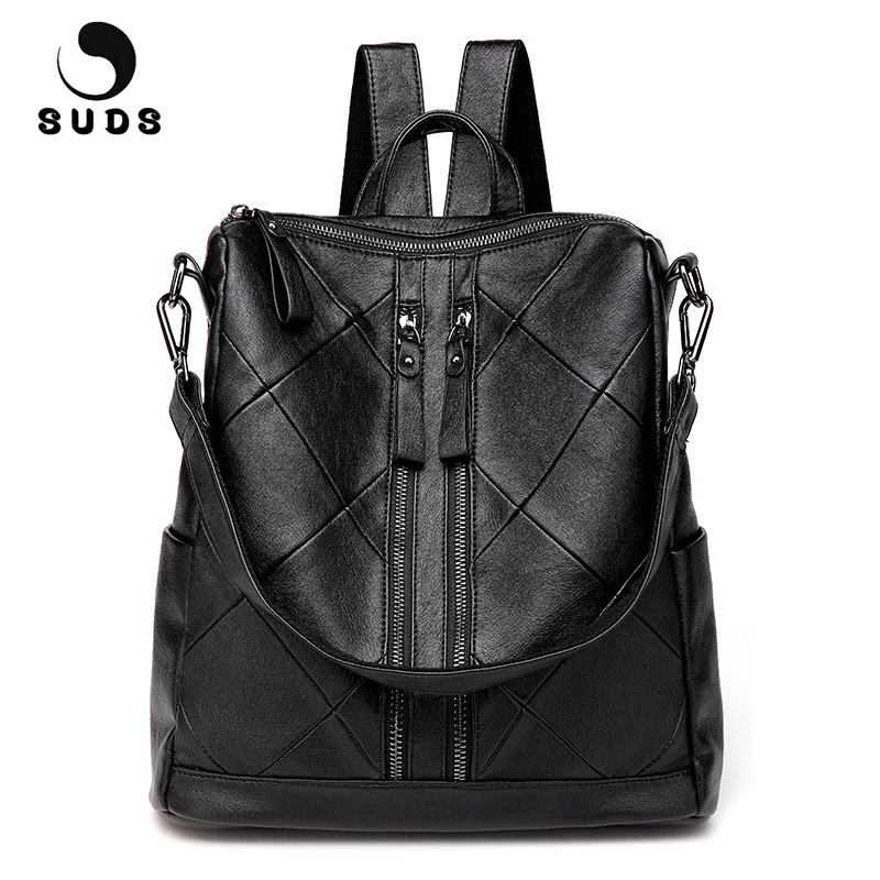 

SUDS Brand Backpack Women Soft PU Leather Patchwork Bag Designer High Quality Backpacks For Teenage Girls Female Travel Backpack