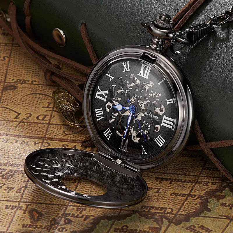 OUYAWEI Pocket Hand Wind Mechanical Watch Men Steampunk Vintage Pendant Watch Necklace Chain Antique Fob Watches 2