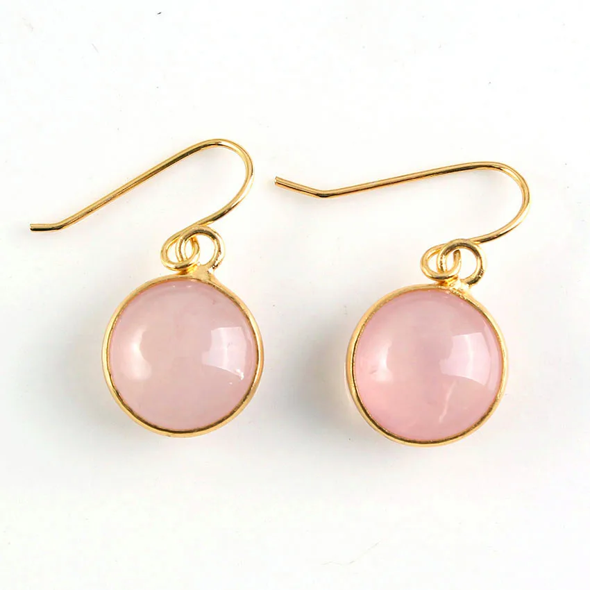 

FYJS Light Yellow Gold Color Round Cabochon Natural Rose Pink Quartz Earrings For Female Jewelry